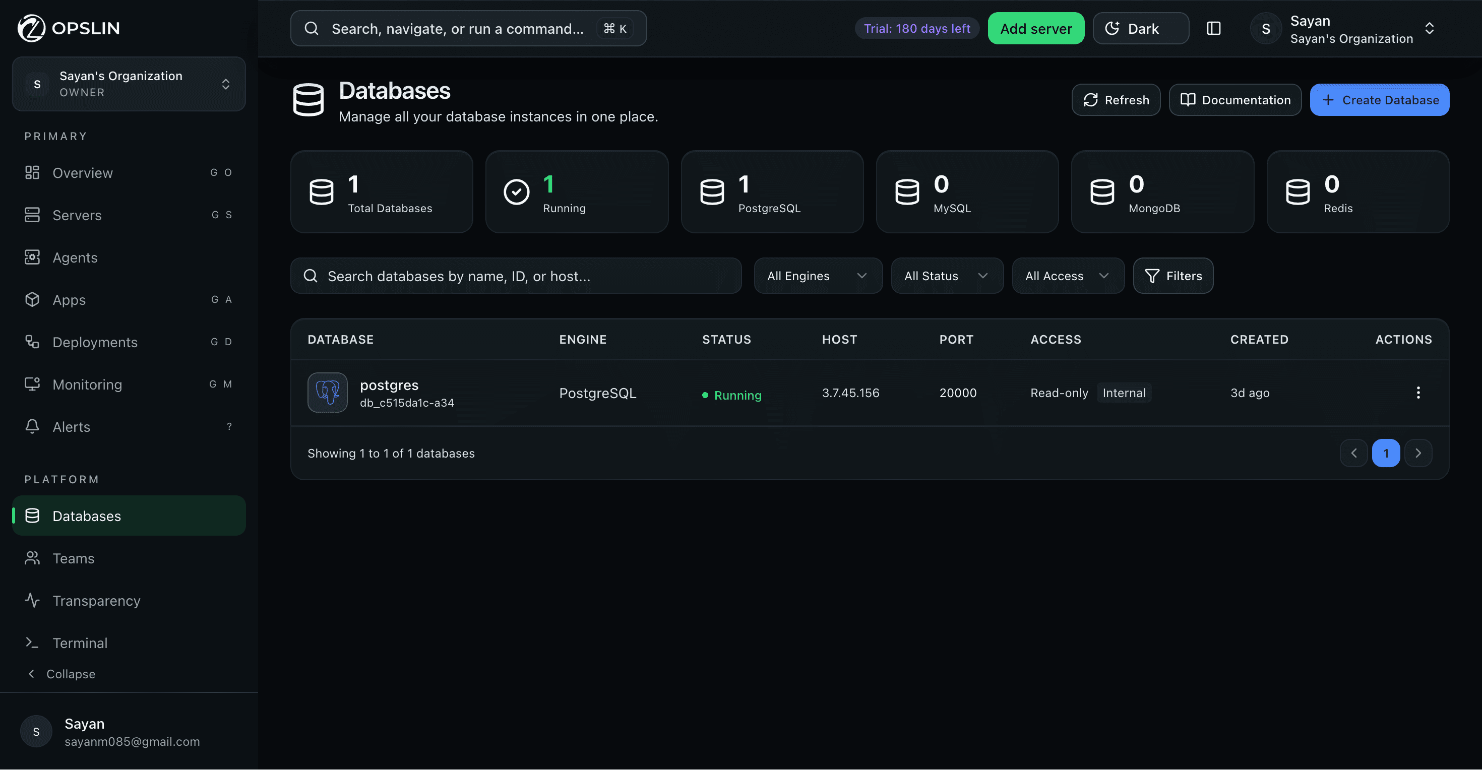 Opslin databases screen listing database instances by engine, status, host, and access