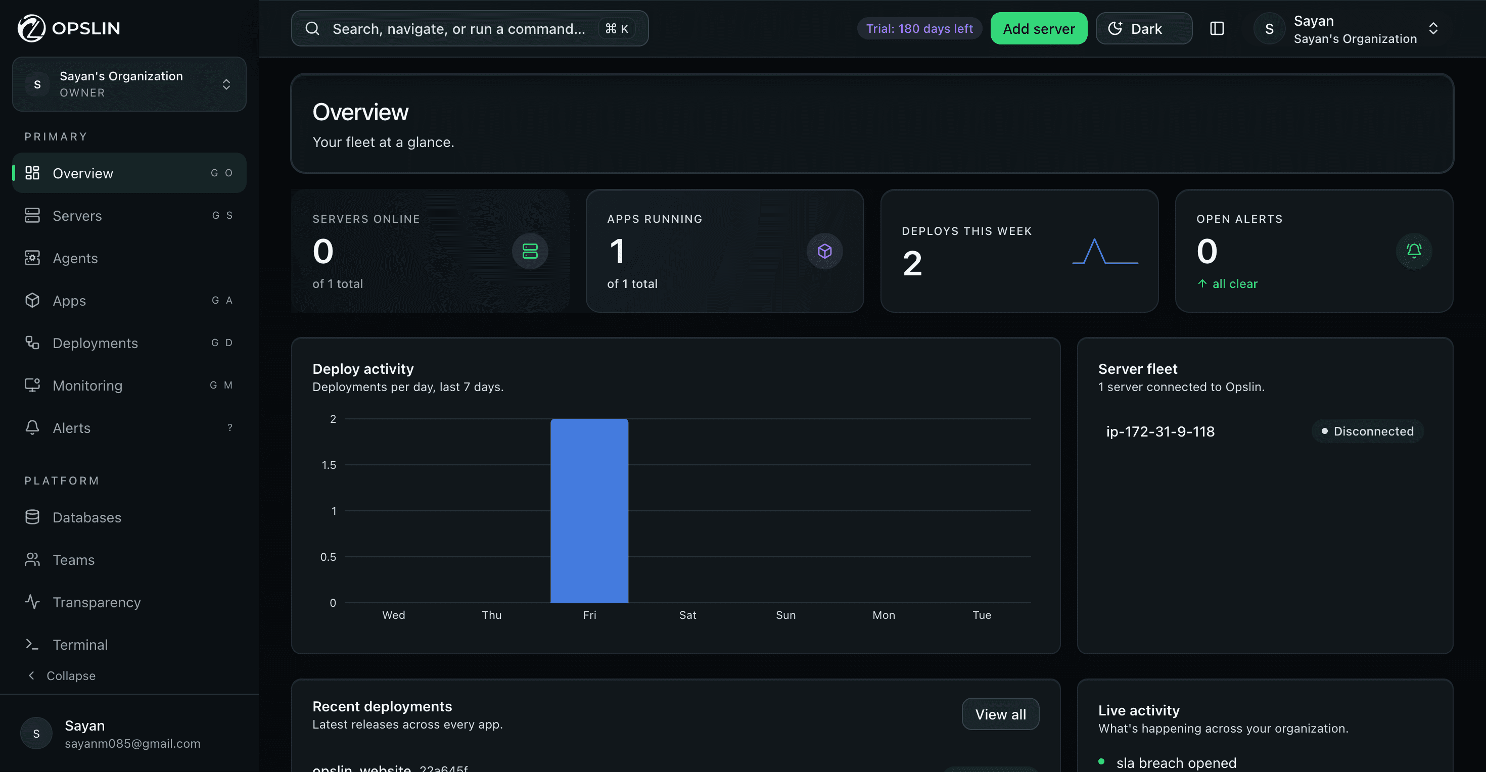Opslin dashboard overview screen showing servers online, apps running, a deploy activity chart, and a live activity feed